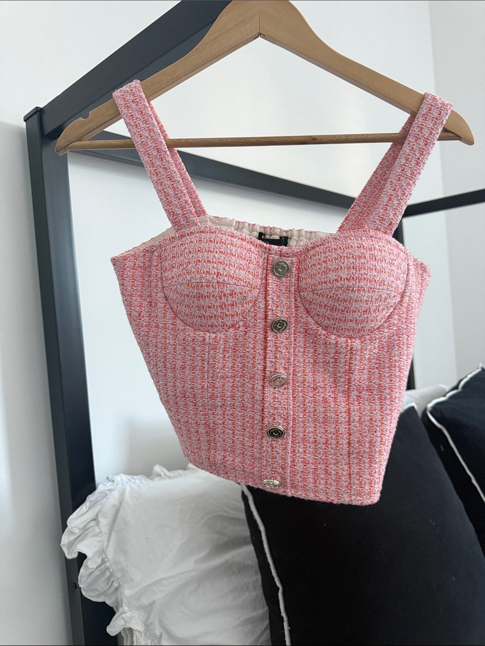 Maje Pink Tweed Bustier Crop Top with Button Detail
